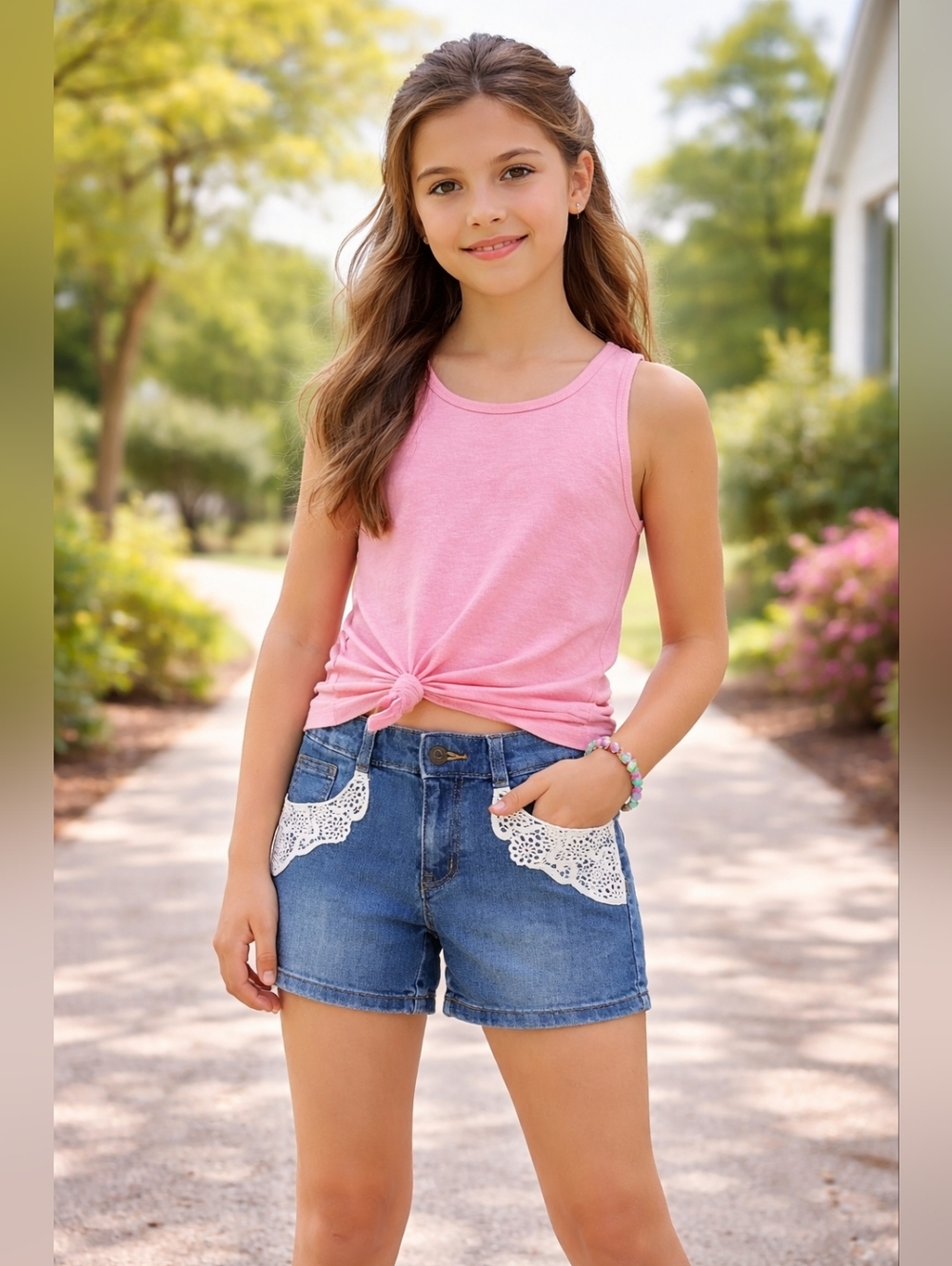 Crazy 8 Girls Denim Shorts Size 10 Lace Pocket Accent Mid Rise Cute Summer